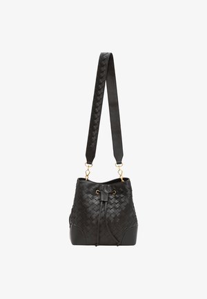 Black leather bucket bag with woven texture, adjustable strap, gold-tone hardware, and a drawstring closure at the top.