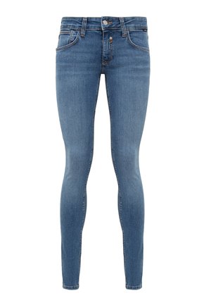Slim-fit blue denim jeans with five pockets, button and zipper closure, and subtle fading on thighs and knees.