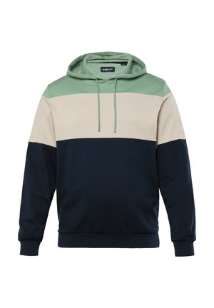 Sweat à capuche avec un design en color block vert, beige et bleu marine. Mélange de coton, comportant une poche kangourou et un cordon de serrage à la capuche.