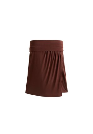 Brown, knee-length skirt made of soft fabric, featuring a wide waistband and gathered texture on one side with a slightly flared silhouette.