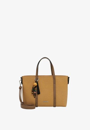 Rectangular tan woven handbag with brown leather handles, detachable shoulder strap, and decorative wooden bead charm hanging from one handle.