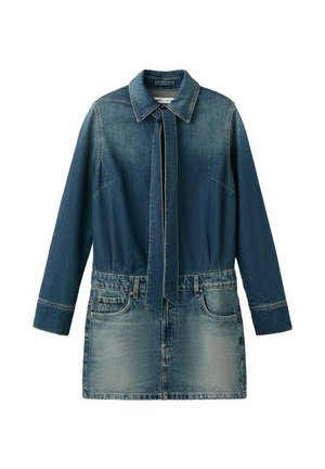 Jeans-Minikleid mit langen Ärmeln, Kragen, Vorderseite mit Knotenverschluss, Fronttaschen und verwaschenem Look im unteren Rockbereich.