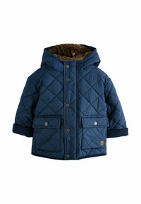 Mørkeblå quiltet toddlerjakke med hætte, trykknapper, to frontlommer med klap og brun fleeceforing indeni hætten.