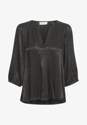 Blusa nera con scollo a V, maniche a sbuffo a tre quarti e un motivo a pelle di serpente testurizzato. Tessuto leggero e fluttuante.