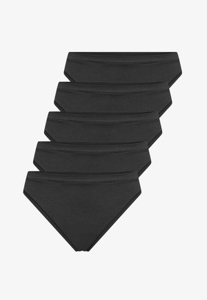 Fem par sorte bikini-trusser lavet af blødt stof, med en glat talje og et minimalistisk design uden mønstre.