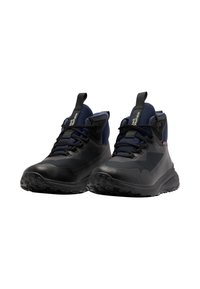 Schwarze und marineblaue hochfeste Wanderschuhe mit einer strukturierten Gummisohle, verstärktem Zehenbereich und gepolsterter Knöchellage sowie verstellbaren Schnürsenkeln.