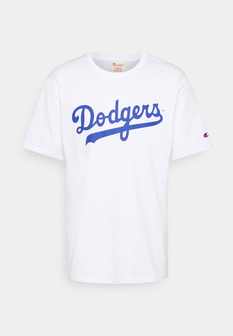 Bílý bavlněný tričko s modrým textem "Dodgers". Klasický kulatý výstřih a krátké rukávy, s logem na levém rukávu.
