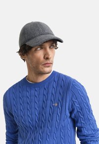 Grijze wollen baseballpet met een gebogen rand en stiksel-details, gedragen met een blauwe kabelgebreide trui met een klein logo.