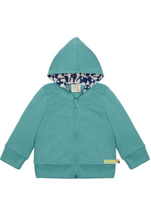 Türkise Zip-Hoodie mit Kapuze, aus weichem Material. Das Innere zeigt ein Elefantenmuster in Marineblau. Rippbündchen und Saum.