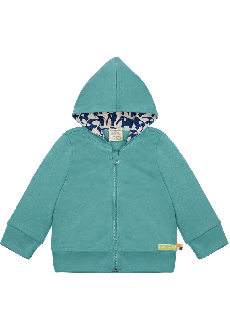 Felpa con zip turchese con cappuccio, realizzata in tessuto morbido. L'interno presenta un motivo di elefanti in blu navy. Polsini e orlo a coste.
