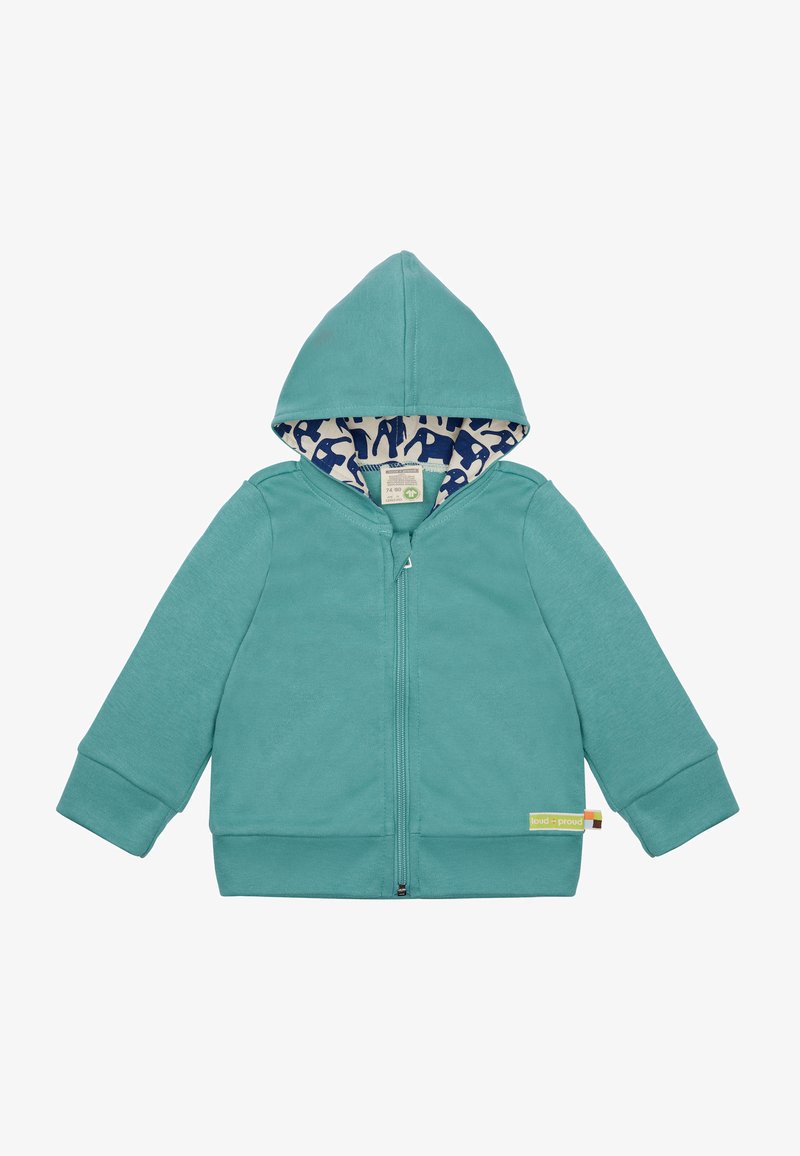 Felpa con zip turchese con cappuccio, realizzata in tessuto morbido. L'interno presenta un motivo di elefanti in blu navy. Polsini e orlo a coste.