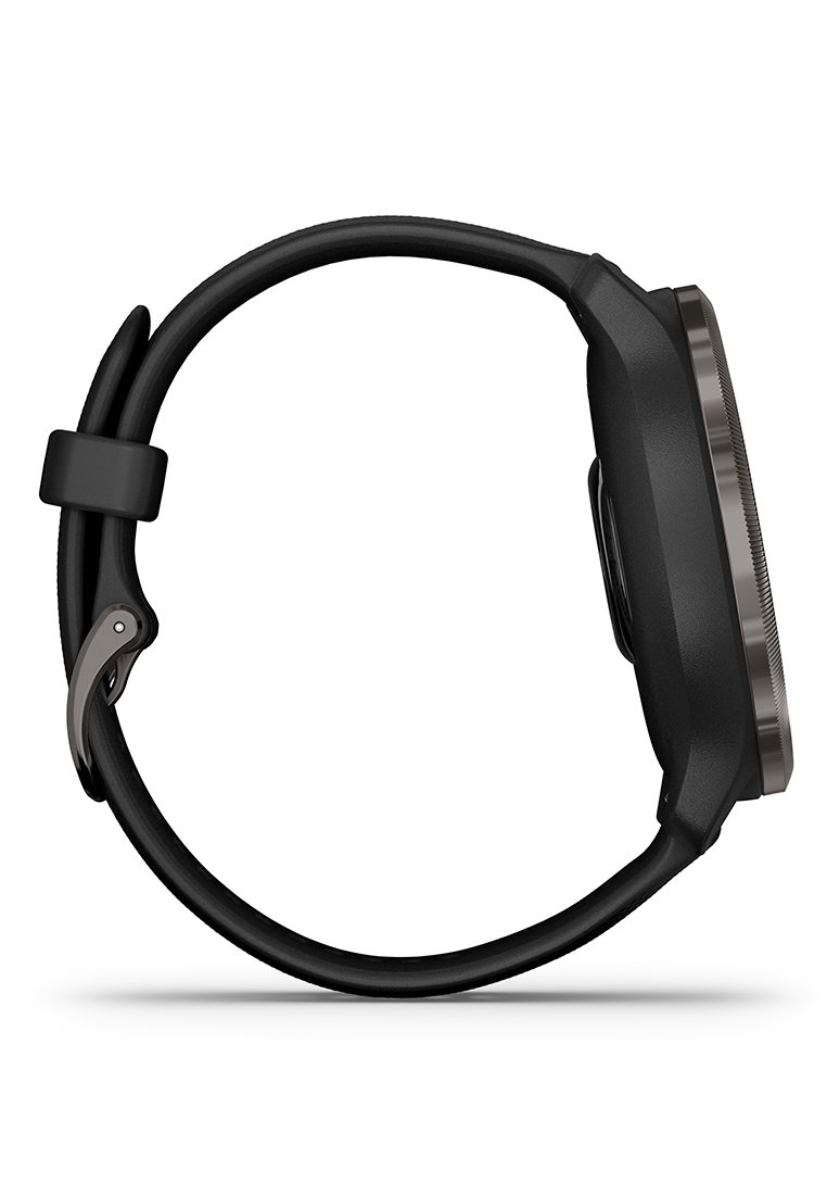 Smartwatch mit einem runden, schwarzen Silikonarmband, mattschwarzem Gehäuse und strukturiertem Rahmen. Verfügt über einen sicheren Metallverschluss und ein minimalistisches Design.