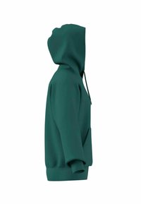 Felpa con cappuccio color turchese, dotata di tasca a marsupio e lacci, con una superficie liscia e polsini a coste. Vista laterale mostrata.