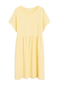 Vestido de algodón amarillo con mangas cortas, escote redondo y cintura fruncida, que presenta un ajuste suelto y una textura suave.