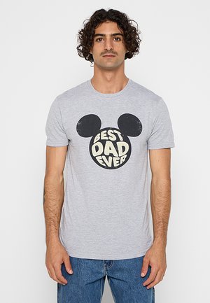 Gray cotton t-shirt featuring a large black Mickey Mouse head graphic with the text "BEST DAD EVER" in a circular design. Short sleeves.