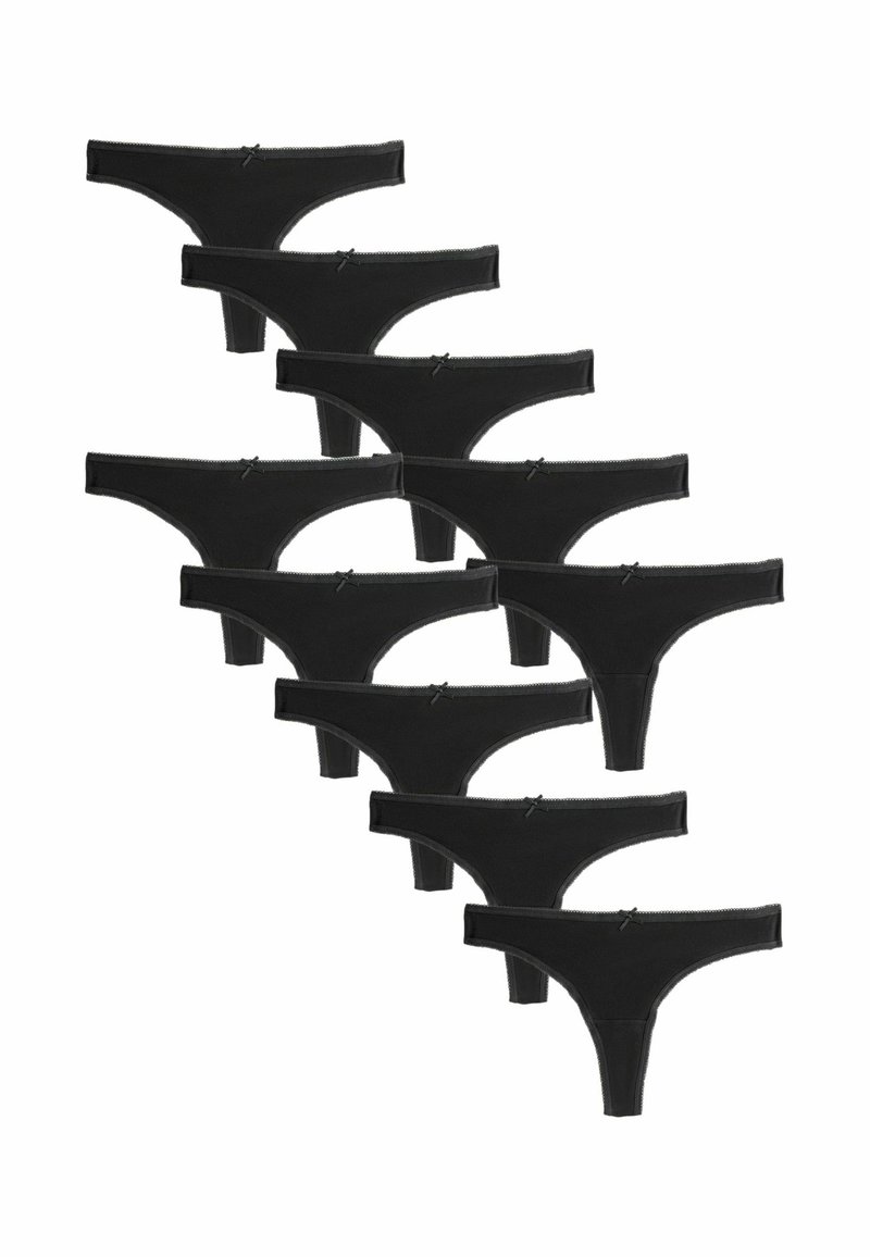 Schwarze Stringunterwäsche mit glatter Textur, die ein kleines zentrales Schleifenakzent aufweist, in einer versetzten Anordnung gestapelt.