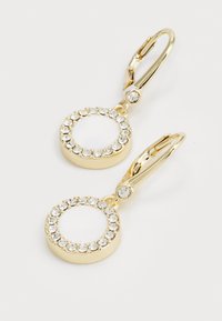 Orecchini in tono oro caratterizzati da design circolari adornati con strass trasparenti e una sezione centrale bianca. Il modello di chiusura è a leva.