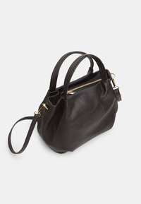 Black leather handbag with a textured finish, featuring short dual handles, a detachable shoulder strap, and a gold zip closure.