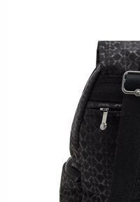 Black patterned backpack featuring a zippered front pocket, sturdy fabric, adjustable strap, and sleek geometric design. Compact shape.