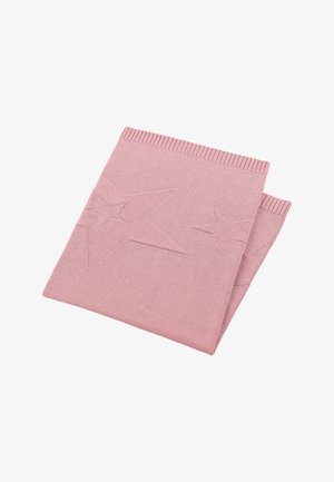 Folded pink knitted scarf with ribbed edges and embossed large star patterns on a plain white background.