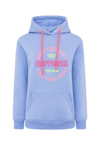 Sweatshirt bleu clair à capuche, avec un texte rose et jaune fluo, poche frontale, et finitions côtelées au niveau des poignets et de l'ourlet.