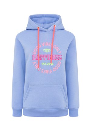 Light blue sweatshirt with a hood, featuring pink and neon yellow text, frontal pocket, and ribbed cuffs and hem.