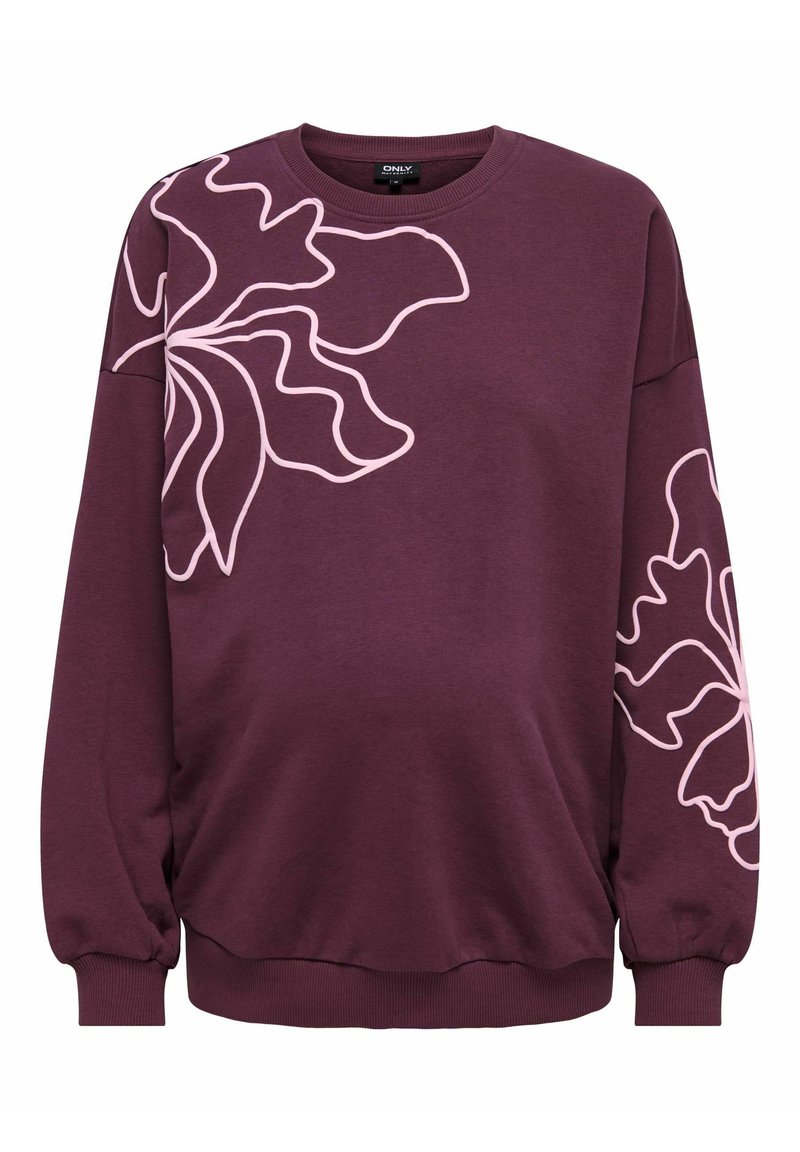 Sweatshirt bordeaux avec motif floral rose, col rond, manches longues, poignets et ourlet côtelés. Fabriqué en tissu doux et extensible.