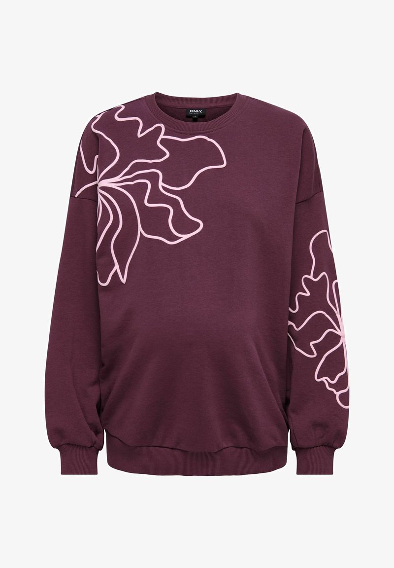 Felpa color bordeaux con design floreale rosa, colletto rotondo, maniche lunghe, polsini e orlo a costine. Realizzata in tessuto morbido ed elastico.