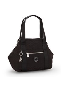 Black fabric handbag with a textured pattern, two top handles, silver zippers, a front pocket, and a charm detail on the zipper.