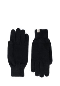 Schwarze gestrickte Handschuhe mit gerippten Bündchen, einer zeigt die Handfläche und der andere die Rückseite mit einem kleinen weißen Etikett nahe dem Handgelenk.