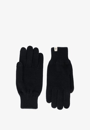 Schwarze gestrickte Handschuhe mit gerippten Bündchen, einer zeigt die Handfläche und der andere die Rückseite mit einem kleinen weißen Etikett nahe dem Handgelenk.