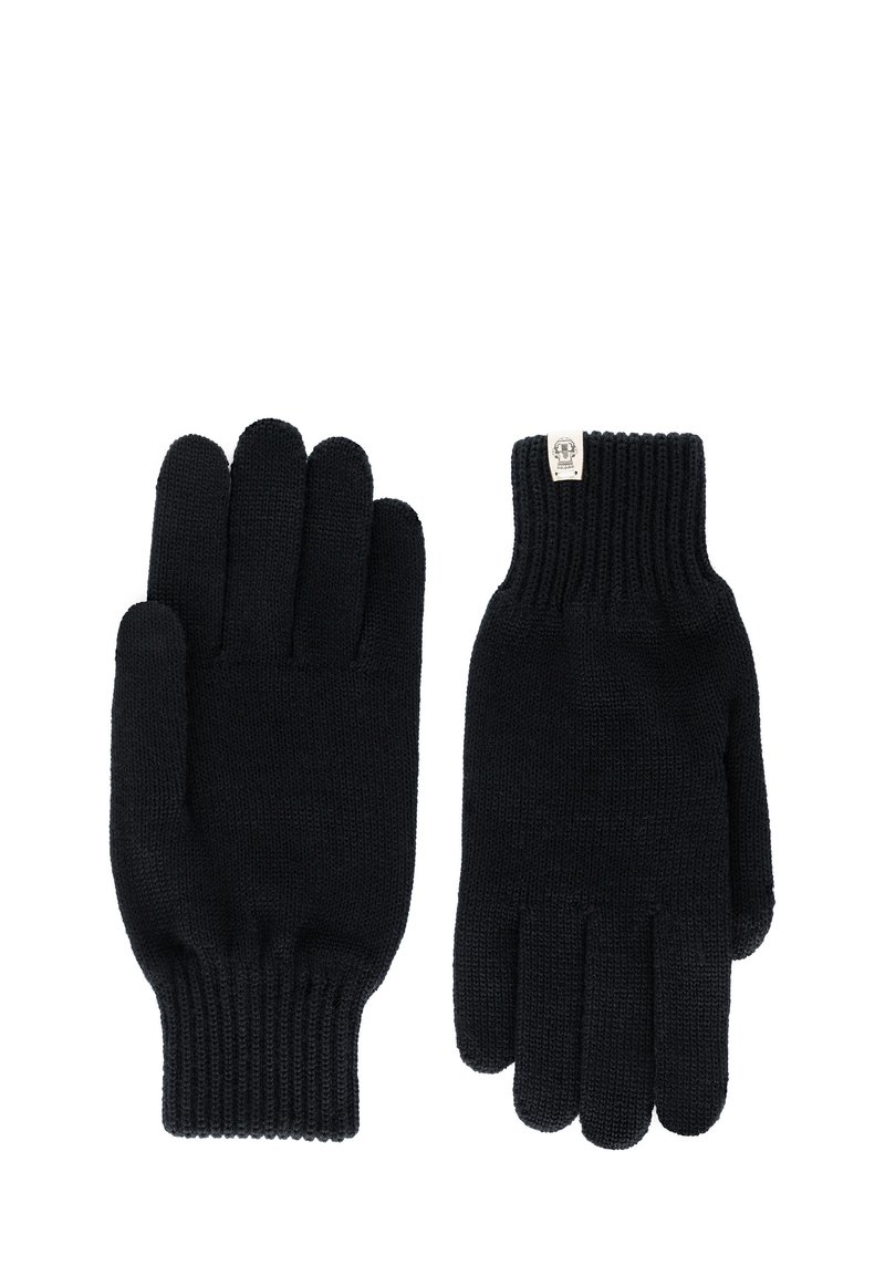 Schwarze gestrickte Handschuhe mit gerippten Bündchen, einer zeigt die Handfläche und der andere die Rückseite mit einem kleinen weißen Etikett nahe dem Handgelenk.