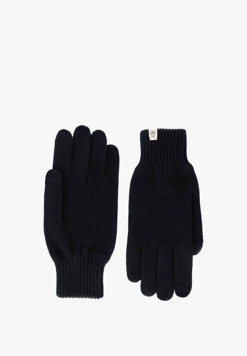 Schwarze gestrickte Handschuhe mit gerippten Bündchen, einer zeigt die Handfläche und der andere die Rückseite mit einem kleinen weißen Etikett nahe dem Handgelenk.