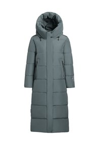 Cappotto lungo e imbottito di un morbido colore teal tenue. Presenta un ampio cappuccio, zip frontale e due tasche laterali con zip. Realizzato in un materiale liscio.