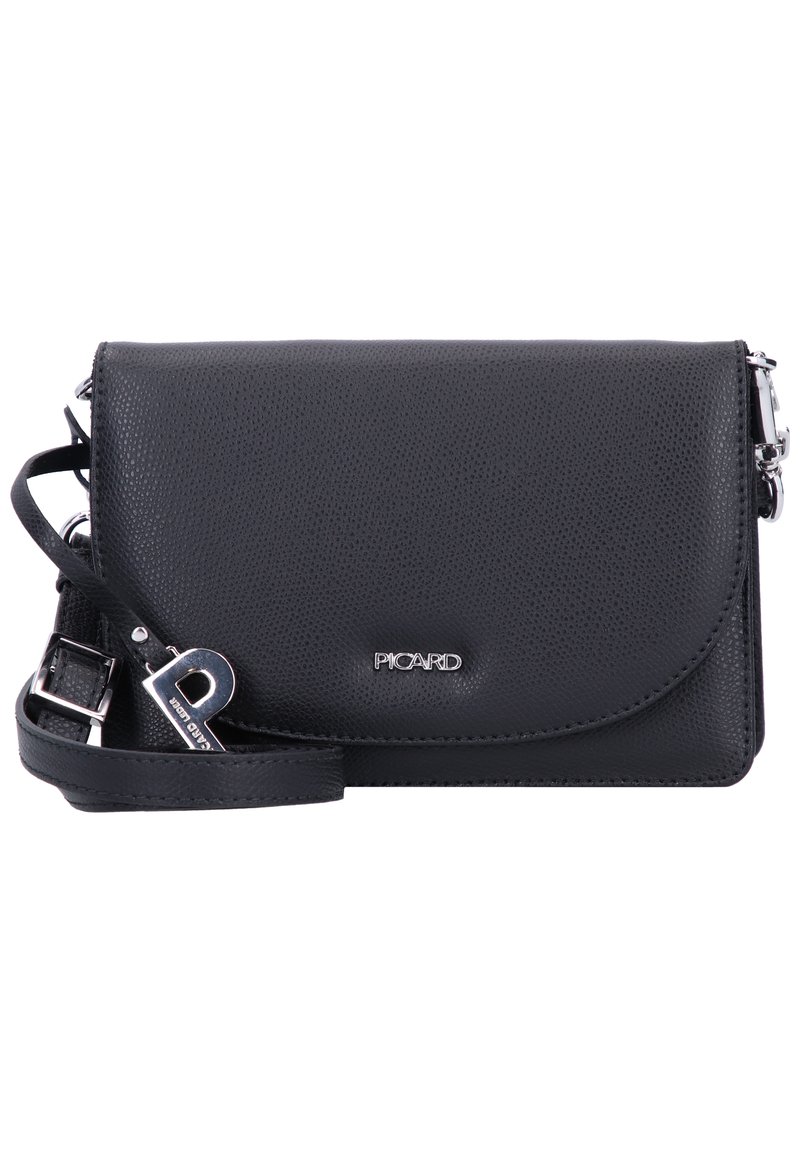 Borsa a tracolla in pelle nera con superficie texturizzata, chiusura a patta, dettagli in argento e tracolla regolabile. Il logo è visibile sulla parte anteriore.