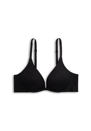 Czarny lekko wyścielany biustonosz z regulowanymi ramiączkami i subtelnym nadrukiem w panterkę, ułożony płasko na białym tle.