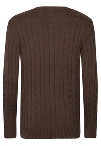 Pull marron en maille tricotée avec un motif torsadé, manches longues, poignets et ourlet côtelés. Col rond classique.