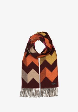 Schal mit Chevron-Muster in warmen Farbtönen von Burgund, Orange und Gelb. Weiches Material mit Fransenverzierung an den Enden.
