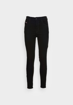 Black, stretch denim skinny jeans with a high waist, featuring five pockets and a zip-fly closure. Simple design with minimal detailing.