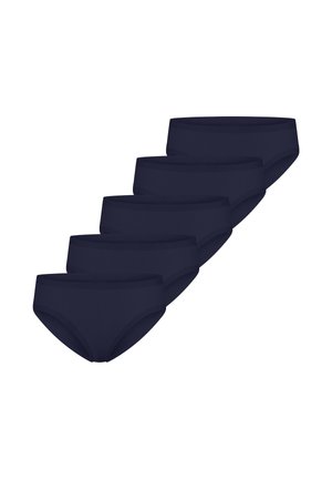 Sæt af fem ens sorte briefs arrangeret diagonalt på en hvid baggrund, forfra synlig.