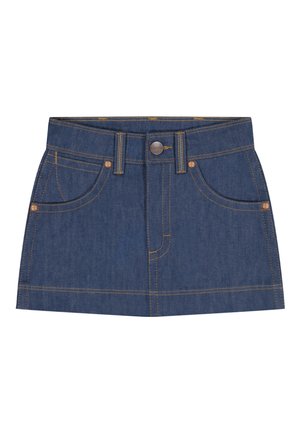 Μίνι φούστα από τζιν με κουμπιά μπροστά, θηλιές για ζώνη, δύο μπροστινές τσέπες, ραφές σε αντίθετο χρώμα και μεταλλικά καρφιά στις τσέπες.