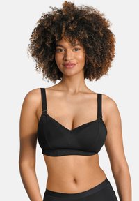 Schwarzer BH mit V-Ausschnitt, verstellbaren Trägern und glatter Oberfläche. Verfügt über ein strukturiertes Design mit dezenten Stoffdetails.