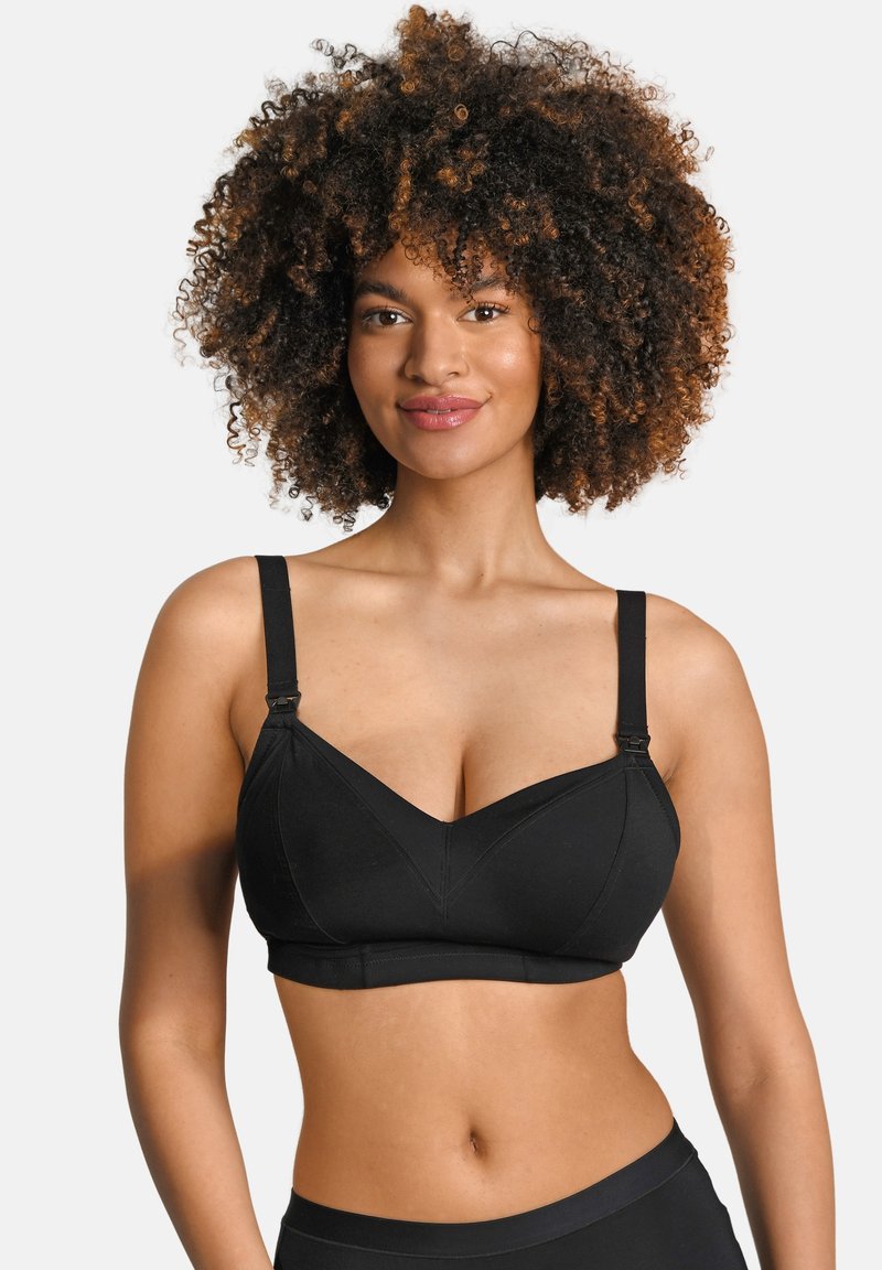 Schwarzer BH mit V-Ausschnitt, verstellbaren Trägern und glatter Oberfläche. Verfügt über ein strukturiertes Design mit dezenten Stoffdetails.