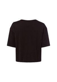 Schwarzes, kurzes T-Shirt mit kurzen Ärmeln, Rundhalsausschnitt und einer glatten, weichen Stofftextur mit minimalen Nahtdetails.