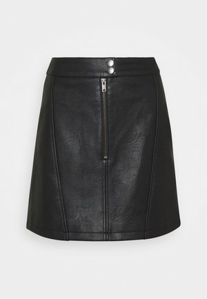 Black faux leather mini skirt with front zipper and two snap buttons on waistband, featuring visible seam details.