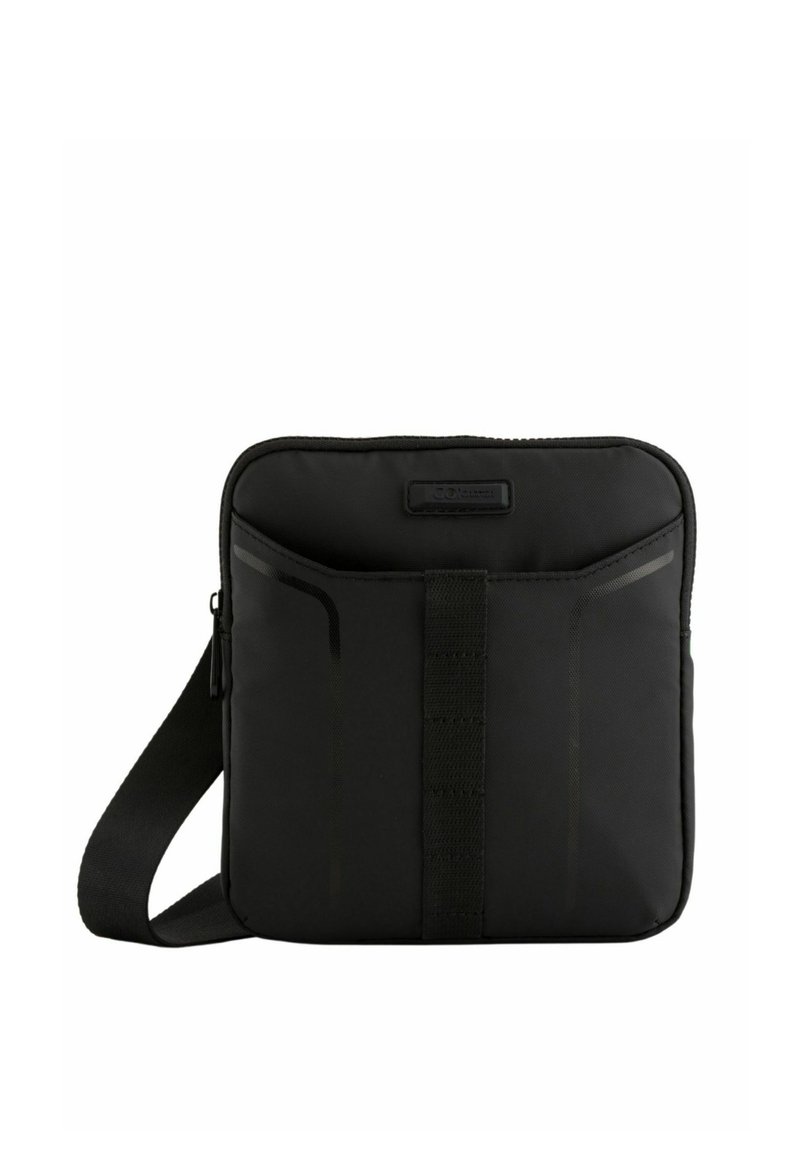 Svart nylon crossbody-väska med dragkedja, med två framfickor och en central rem. Mjuk textur med minimalistisk design.