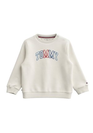 Felpa color crema con la scritta "TOMMY" in grandi lettere blu e rosse sul petto, con polsini e orlo a coste.