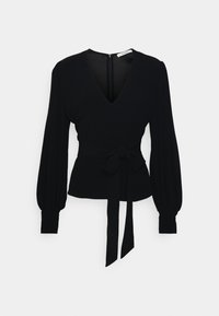 Blusa nera con scollatura a V profonda, maniche lunghe a sbuffo, vita cinchata e dettaglio con fiocco. Realizzata in un tessuto morbido e liscio. Chiusura con zip sul retro.