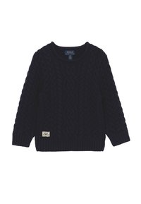 Tummansininen neulepaita, jossa on kaapelikuvio, ressorit hihoissa ja helmassa. Merkki ommeltuna vasempaan alakulmaan brändin logolla.