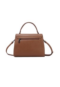 Borsa a mano in pelle marrone con un design strutturato, manico superiore e tracolla rimovibile. Presenta una tasca frontale con zip e una texture liscia.